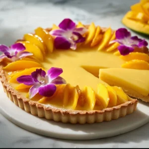 Deliciously baked Mango Curd Tart topped with fresh mango slices.
