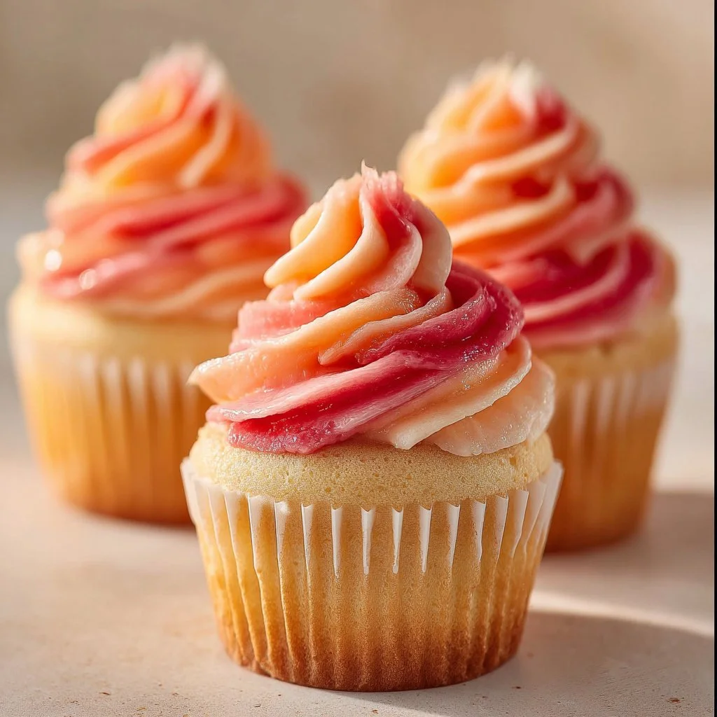 Mango Strawberry Sunset Cupcakes topped with vibrant frosting and fresh fruit