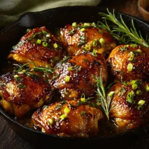 Delicious Maple Glazed Chicken Thighs garnished with herbs