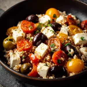 Mediterranean Keto Skillet with ground chicken, olives, and feta cheese