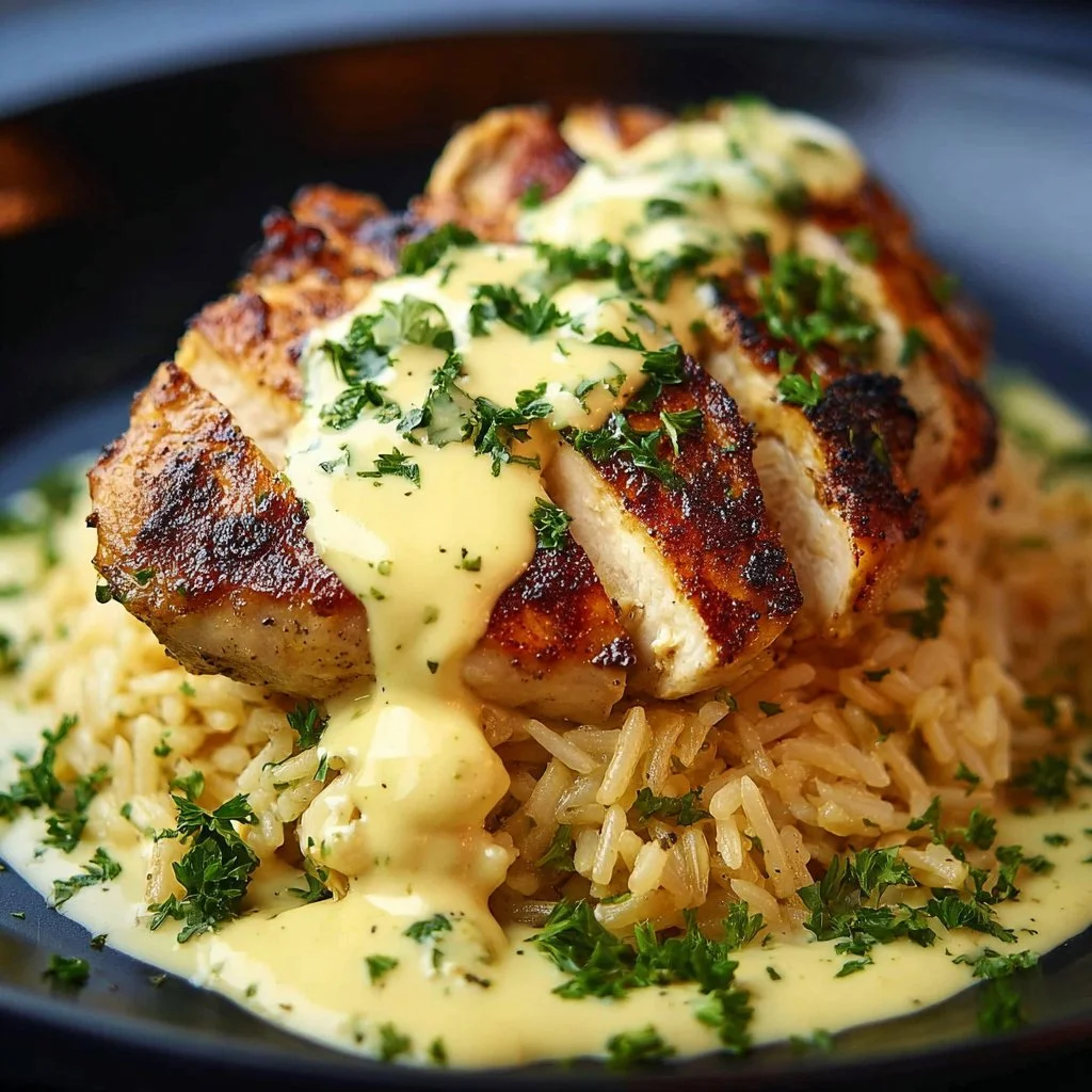 Mexican chicken topped with creamy cheese sauce, served with spices