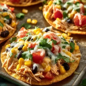 Mexican Rotisserie Chicken Tostadas topped with fresh ingredients and spices