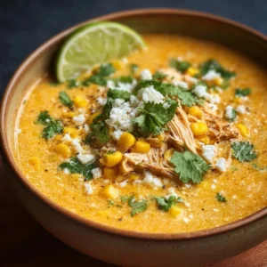 Bowl of Mexican street corn soup garnished with cilantro and lime