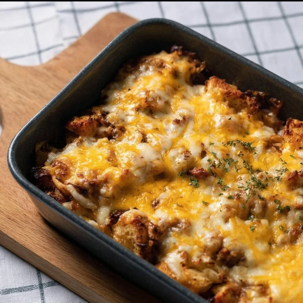 Delicious Million Dollar Chicken Casserole with creamy sauce and toppings.