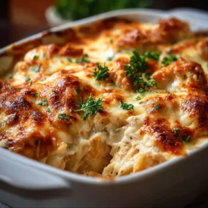 Delicious Million Dollar Chicken Casserole served in a dish, ready to eat.