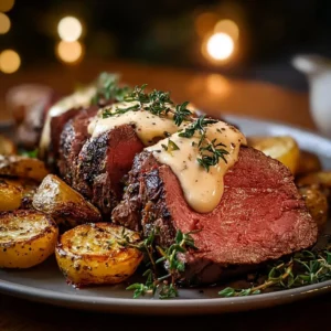 Perfectly cooked roast beef tenderloin on a serving platter
