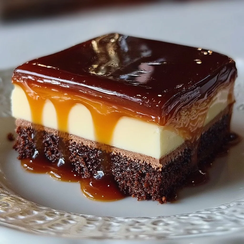 Delicious Millionaire's Cheesecake topped with chocolate ganache and caramel.