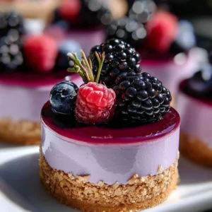 Mini Blackberry Lavender Cheesecakes topped with fresh blackberries and lavender.
