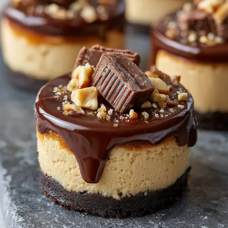 Mini Reese's Peanut Butter Cheesecakes topped with chocolate and peanut butter swirl
