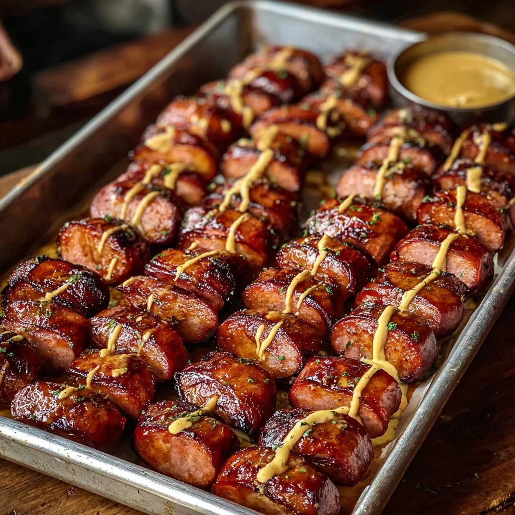Mustard Hasselback Kielbasa Bites served on a platter, garnished with herbs.