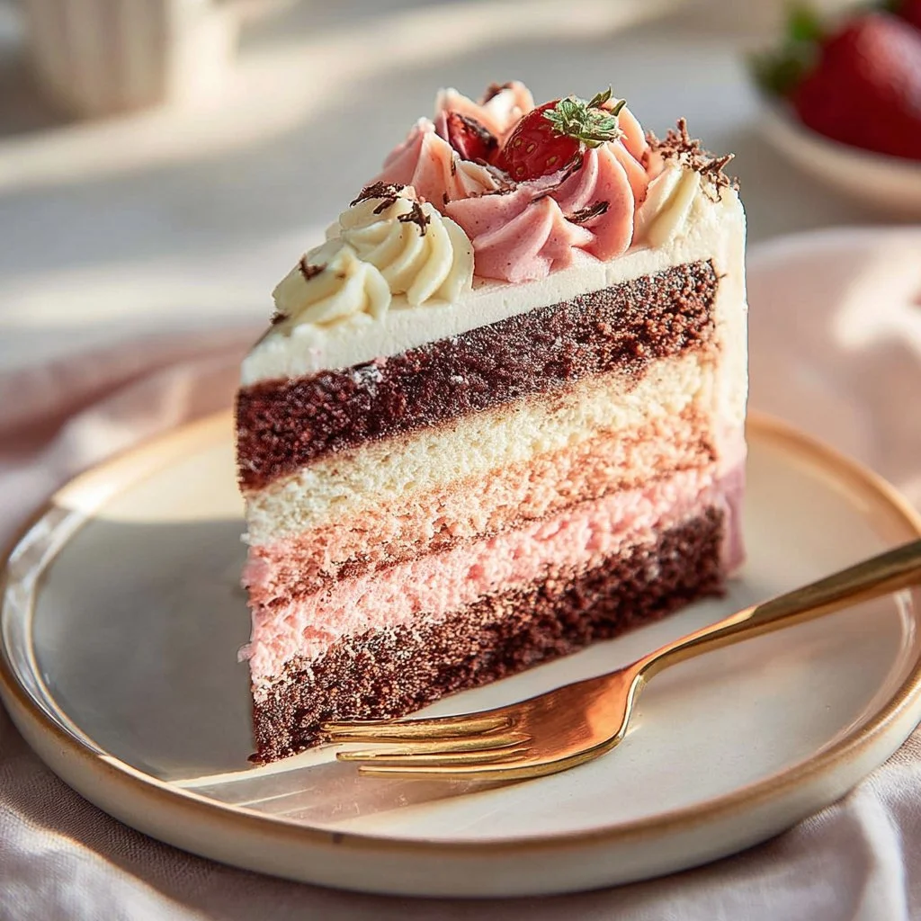 Delicious Neapolitan Cake with chocolate, vanilla, and strawberry layers