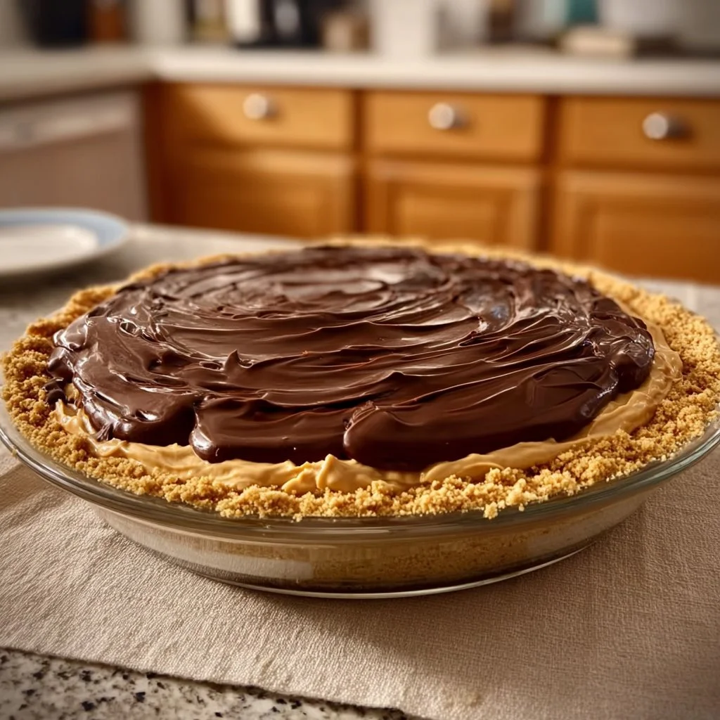 No-Bake Chocolate Peanut Butter Cream Pie with a rich chocolate layer on top