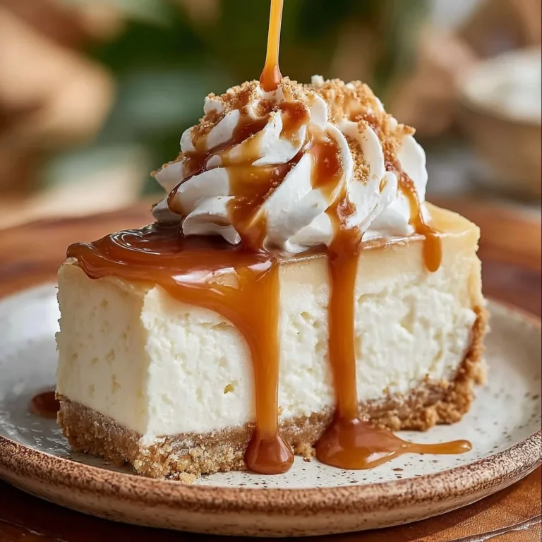 Delicious no-bake salted caramel cheesecake topped with drizzled caramel sauce