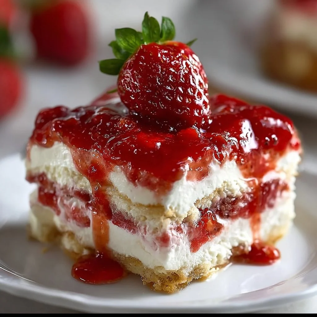 No-Bake Strawberry Cheesecake Lasagna with fresh strawberries and creamy layers