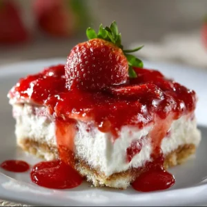 No-Bake Strawberry Cheesecake Lasagna topped with fresh berries and creamy layers