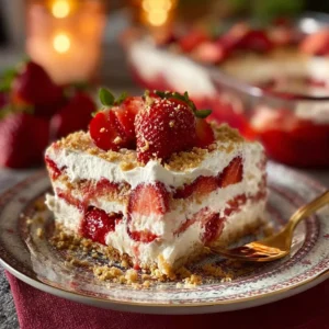 No Bake Strawberry Cheesecake Lasagna with fresh strawberries and creamy layers