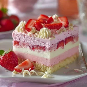No-Bake Strawberry Crunch Cake topped with fresh strawberries and crunchy layers