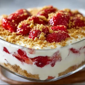 Delicious no-bake strawberry shortcake dessert topped with fresh strawberries.