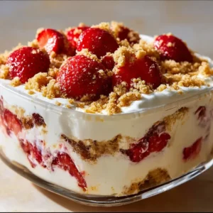 Delicious no-bake strawberry shortcake dessert with fresh strawberries and whipped cream.