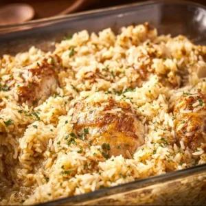 Baked No-Peek Chicken and Rice served on a plate with fresh herbs