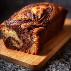 Nutella swirled banana bread fresh out of the oven, topped with chocolate spread.