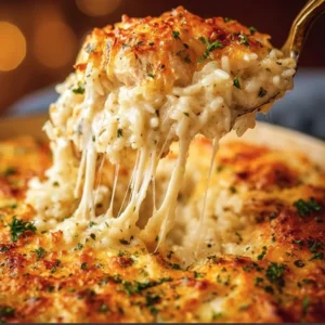 One-Pan Chicken and Rice Bake with flavorful herbs and spices.