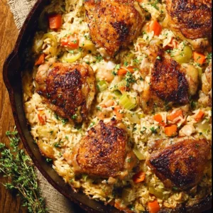 One Pan Chicken Rice Casserole with chicken, rice, and vegetables in a baking dish