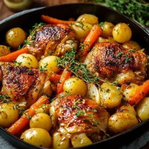 One-pan roasted chicken thighs with carrots and potatoes ready to serve.