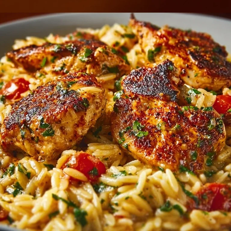 One-Pot Cajun Chicken Alfredo Orzo dish with creamy sauce and spices