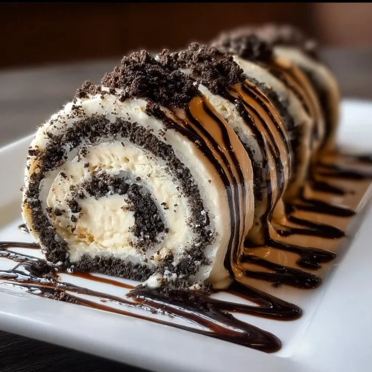 Oreo Cream Cheese Cheesecake Sushi Roll with chocolate drizzle and crushed Oreos