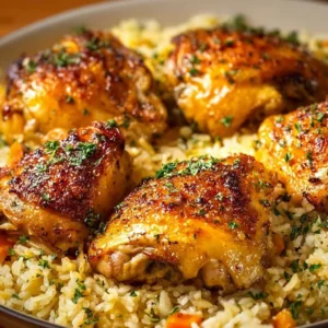 Delicious oven baked chicken served with rice on a plate