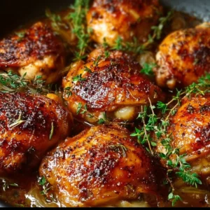 Oven-roasted chicken thighs garnished with herbs on a serving plate.