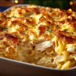 Delicious chicken casserole recipe by Paula Deen, served in a baking dish