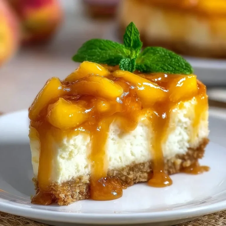 Slice of Peach Cobbler Cheesecake with a golden crust and peach topping