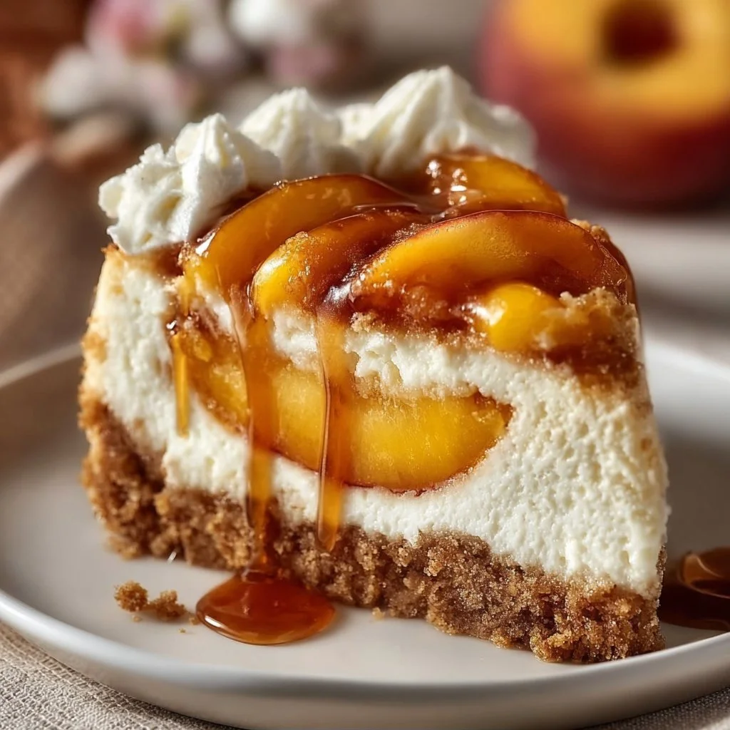 Delicious slice of peach cobbler cheesecake topped with fresh peaches and crumble