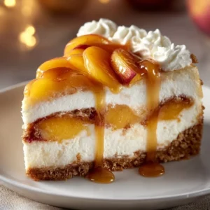 Delicious Peach Cobbler Cheesecake slice with peaches and crust
