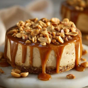Peanut Butter Caramel Mini Cheesecakes on a decorative plate