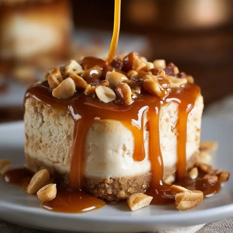 Peanut butter caramel mini cheesecakes topped with drizzle and chocolate chips.
