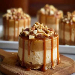 Delicious Peanut Butter Caramel Mini Cheesecakes topped with caramel sauce.