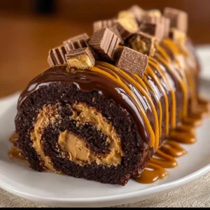 Peanut Butter Cup Chocolate Roll Cake with creamy chocolate frosting