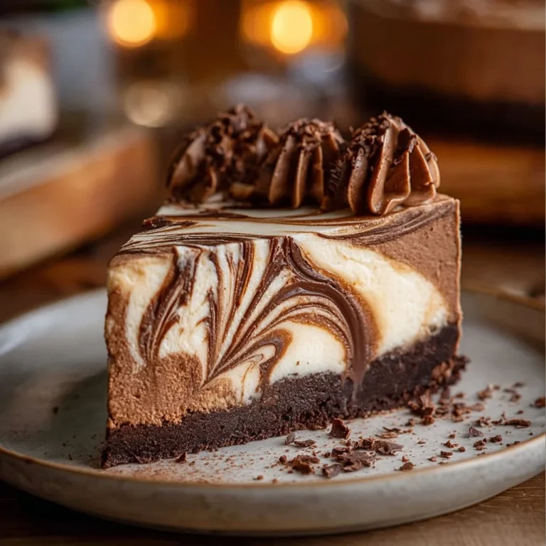 Delicious Peanut Butter Marble Cheesecake with chocolate swirls