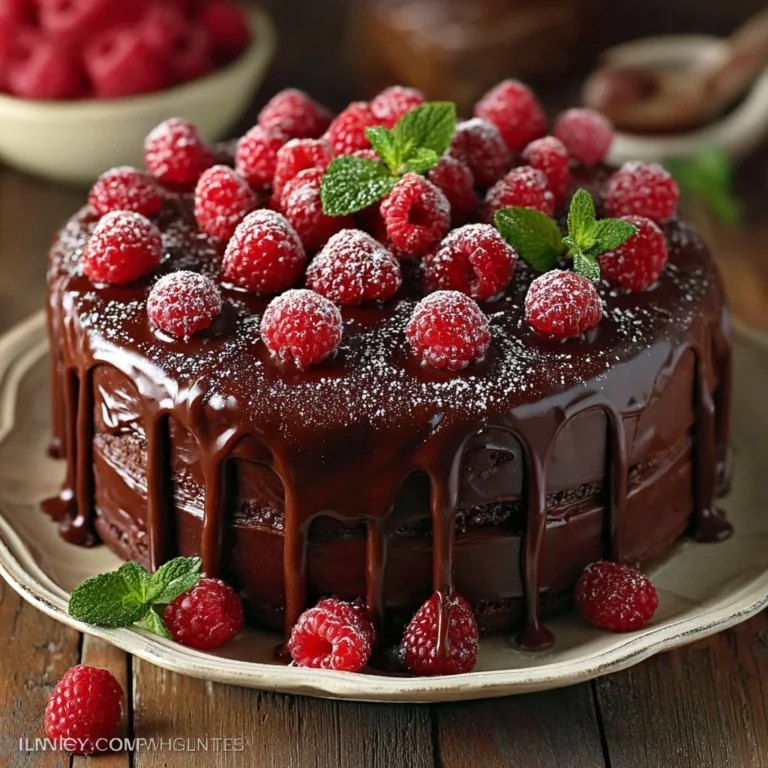 Decadent chocolate raspberry truffle cake with fresh raspberries and chocolate ganache