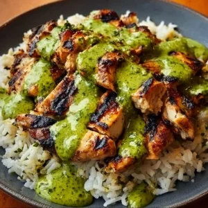 Peruvian chicken served with green sauce and cilantro rice on a plate