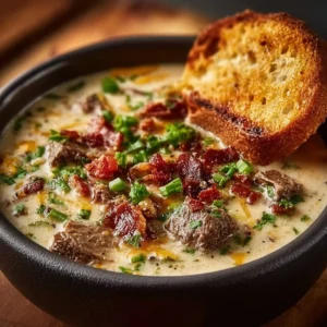 Bowl of creamy Philly Cheesesteak soup topped with cheese and herbs