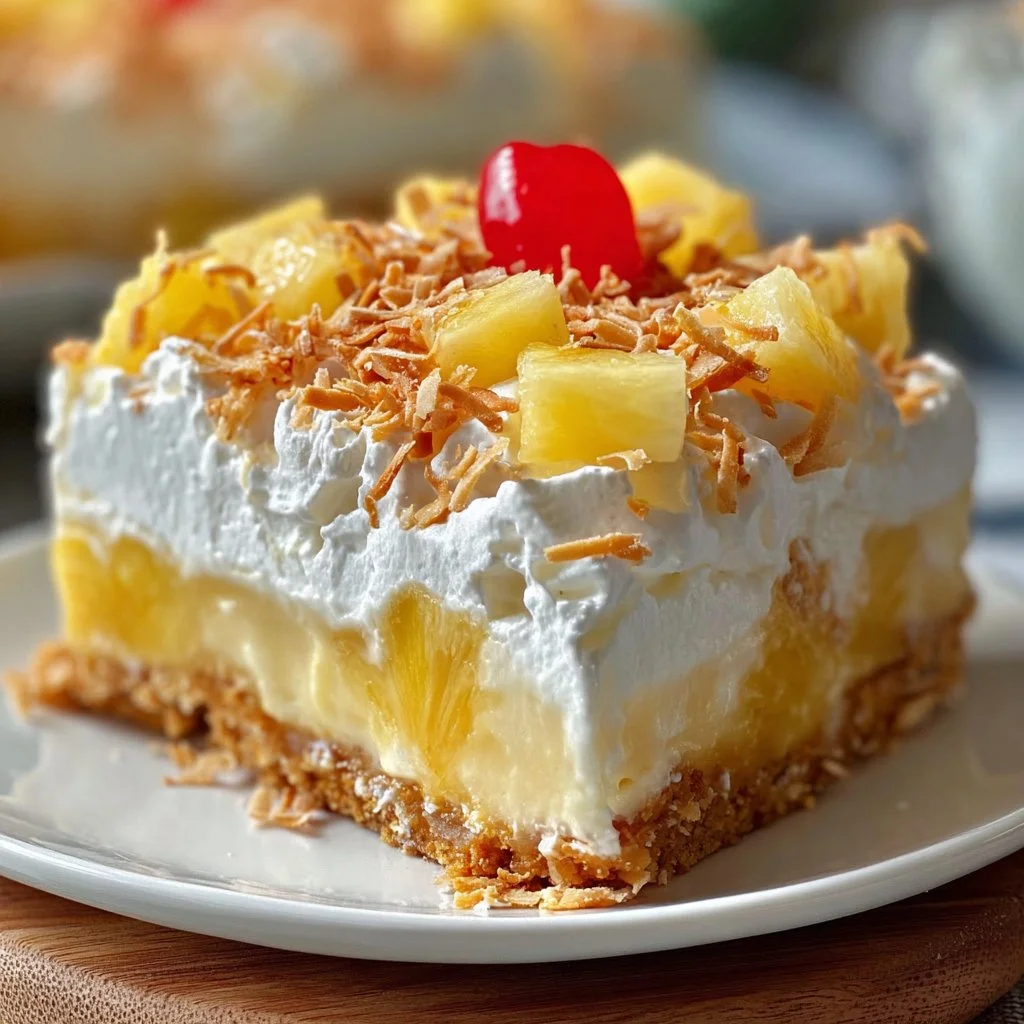 Slice of pineapple cheesecake dessert with tropical garnish