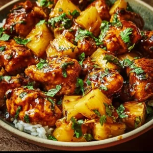 Delicious Pineapple Chicken served with rice, showcasing sweet and savory flavors.