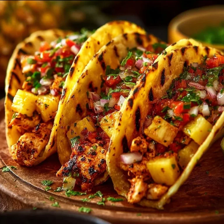 Delicious Pineapple Chicken Tacos topped with fresh ingredients