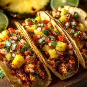 Delicious pineapple chicken tacos served on a plate with fresh toppings.