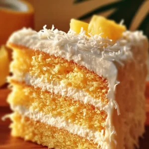 Slice of Pineapple Coconut Dream Cake with tropical icing and fresh fruit