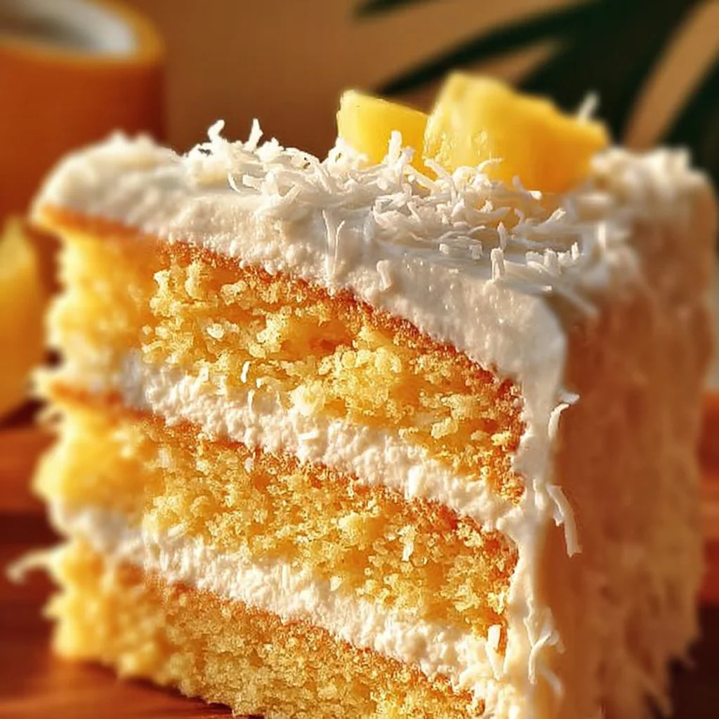 Slice of Pineapple Coconut Dream Cake with tropical icing and fresh fruit